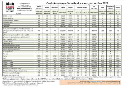 Ceník autokempu Sedmihorky pro rok 2023