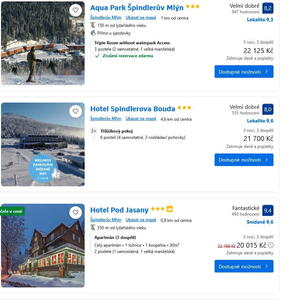 Ceny hotelů v okolí Špindlu