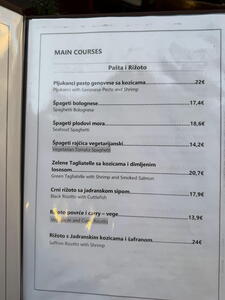 Ceny v restauraci v Zadaru
