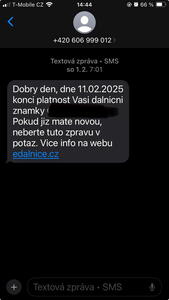 SMS, která informuje o konci platnosti dálniční známky
