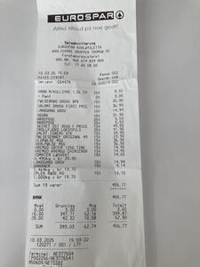 Účtenka z norského Eurosparu
