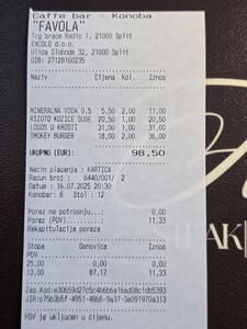 Účtenka z restaurace