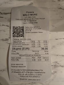 Účtenka z restaurace