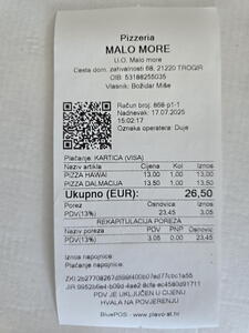 Účtenka z restaurace