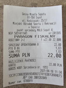 Účtenka za rodinné vstupné