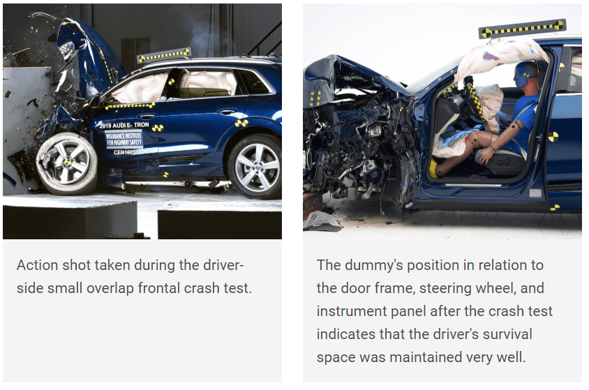 Audi e-tron v nárazovém testu IIHS s vystřelenými airbagy