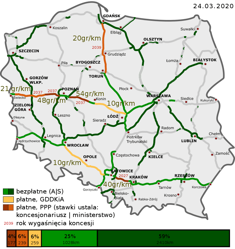 Placené dálnice v Polsku mapa