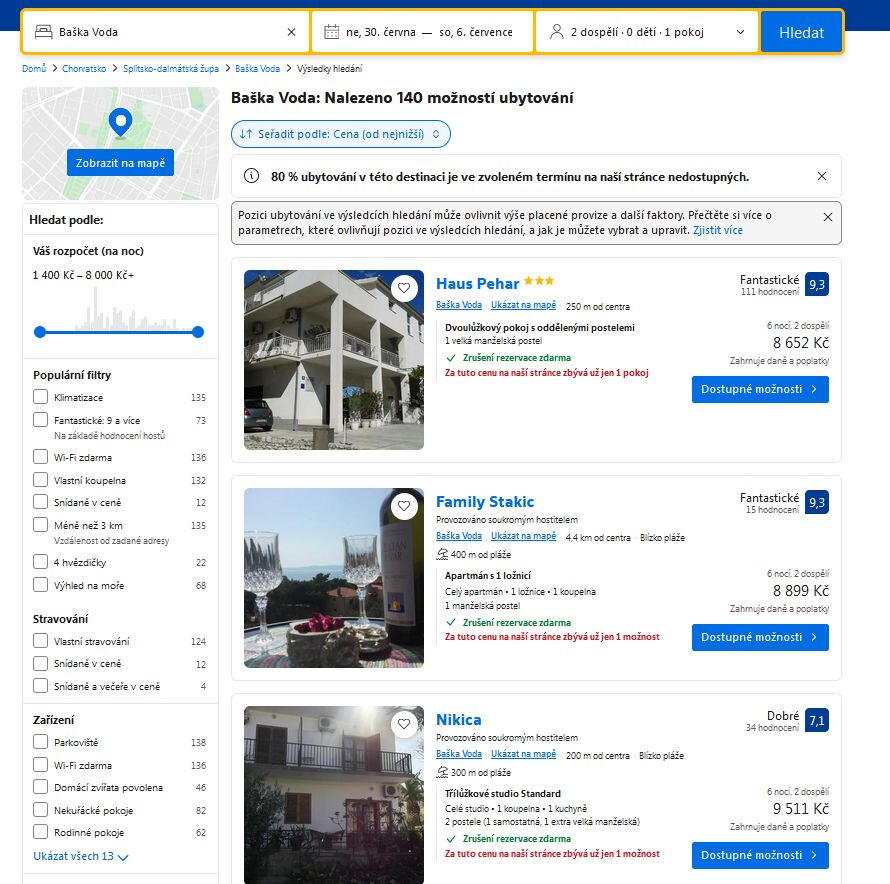 Baška Voda - výběr a ceny ubytování