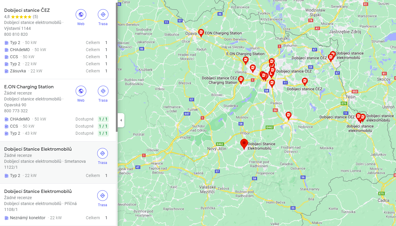 Google Mapy hledání nabíjecí stanice