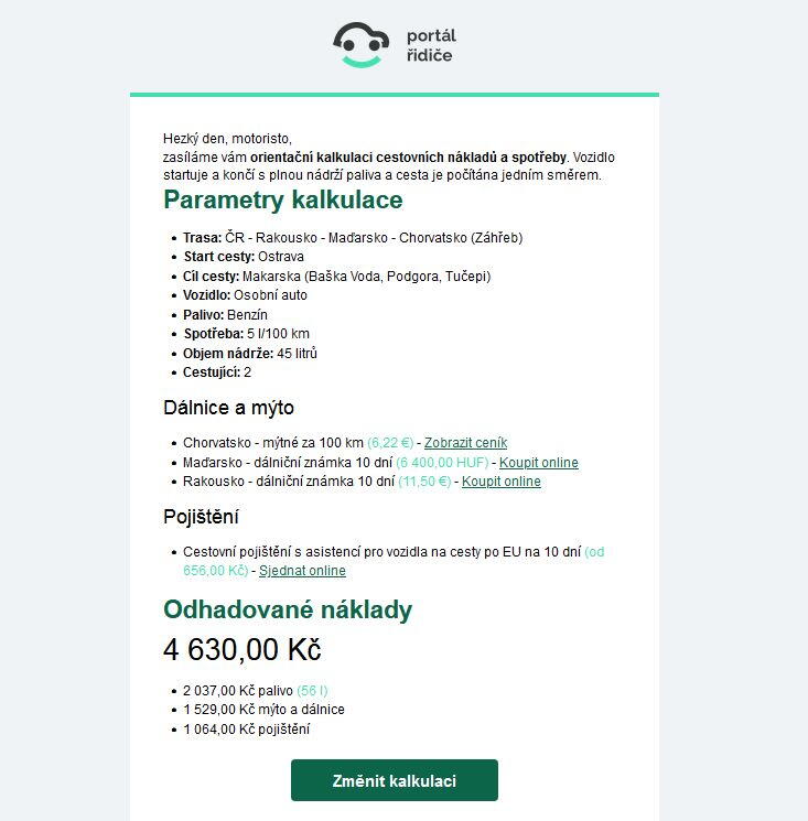 Kompletní kalkulace přijde na e-mail
