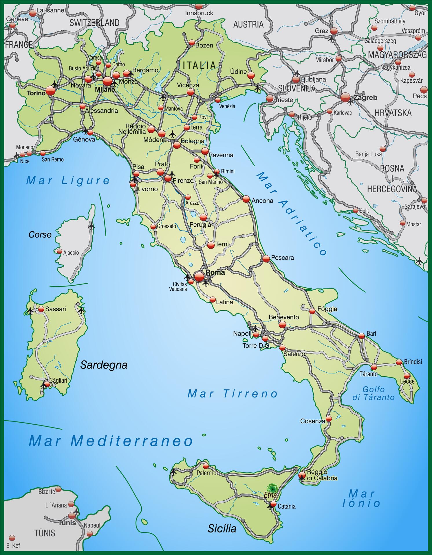 Mapa dálničních úseků v Itálii