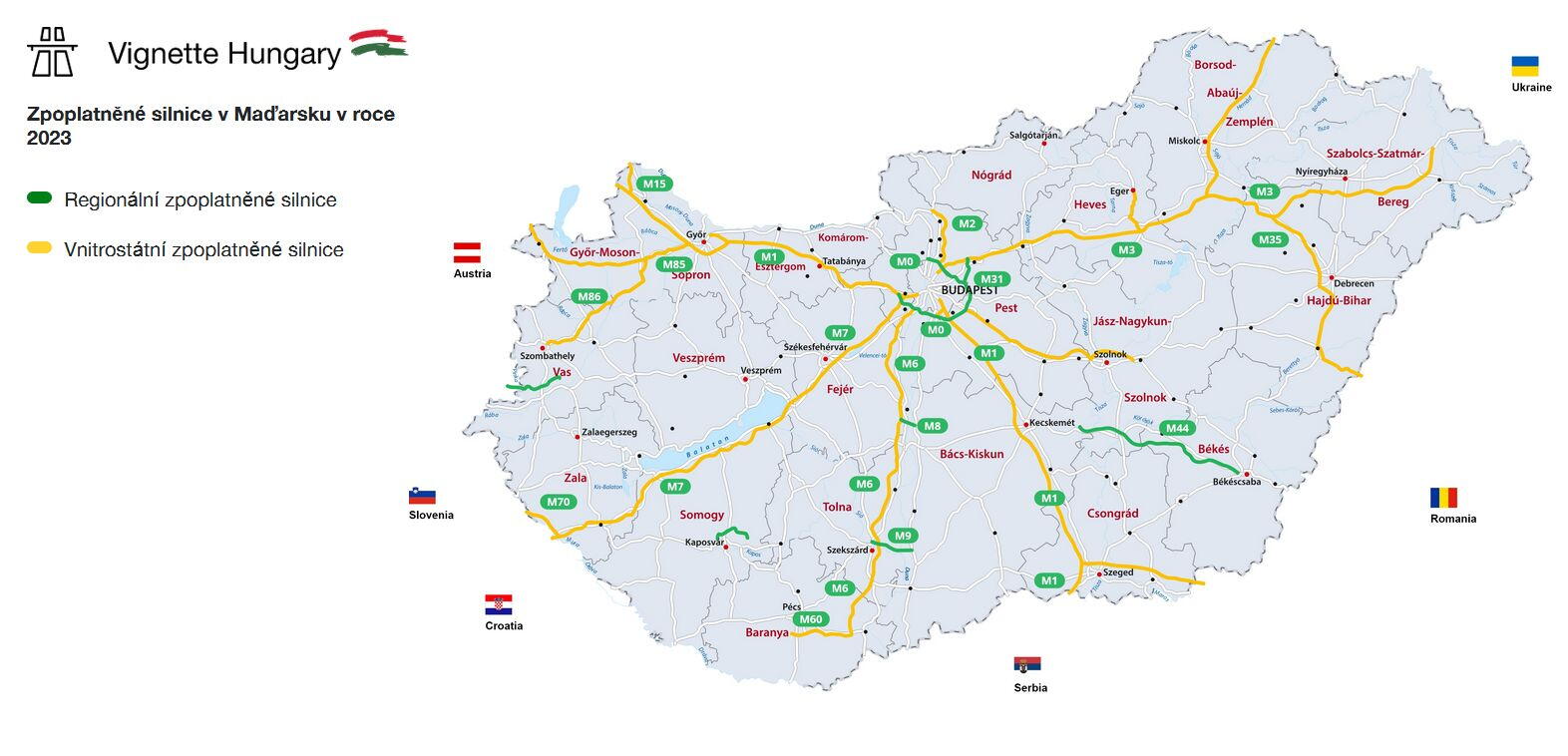 Mapa zpoplatněných dálnic a rychlostních silnic v Maďarsku