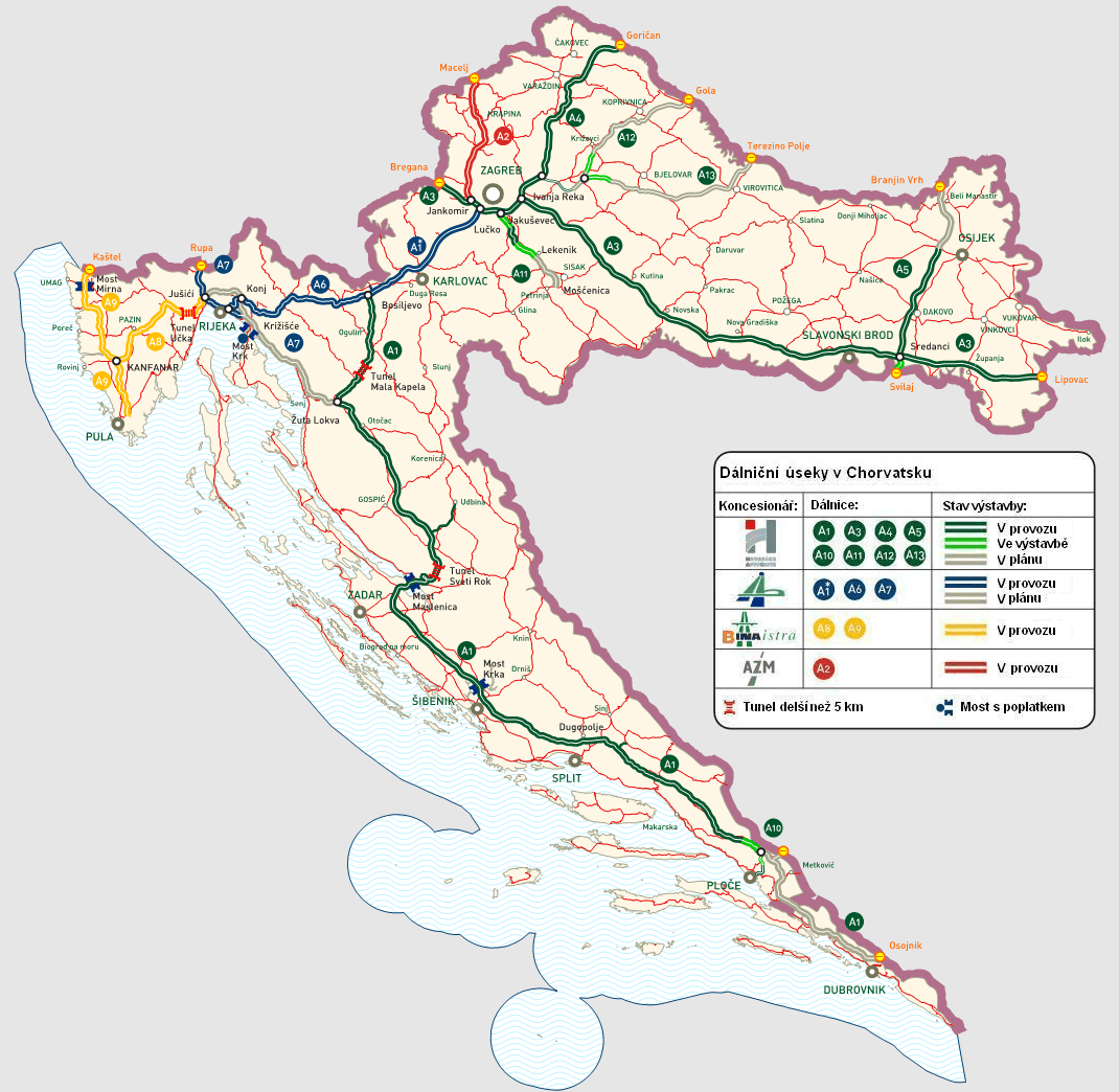 Mapa zpoplatněných dálnic v Chorvatsku