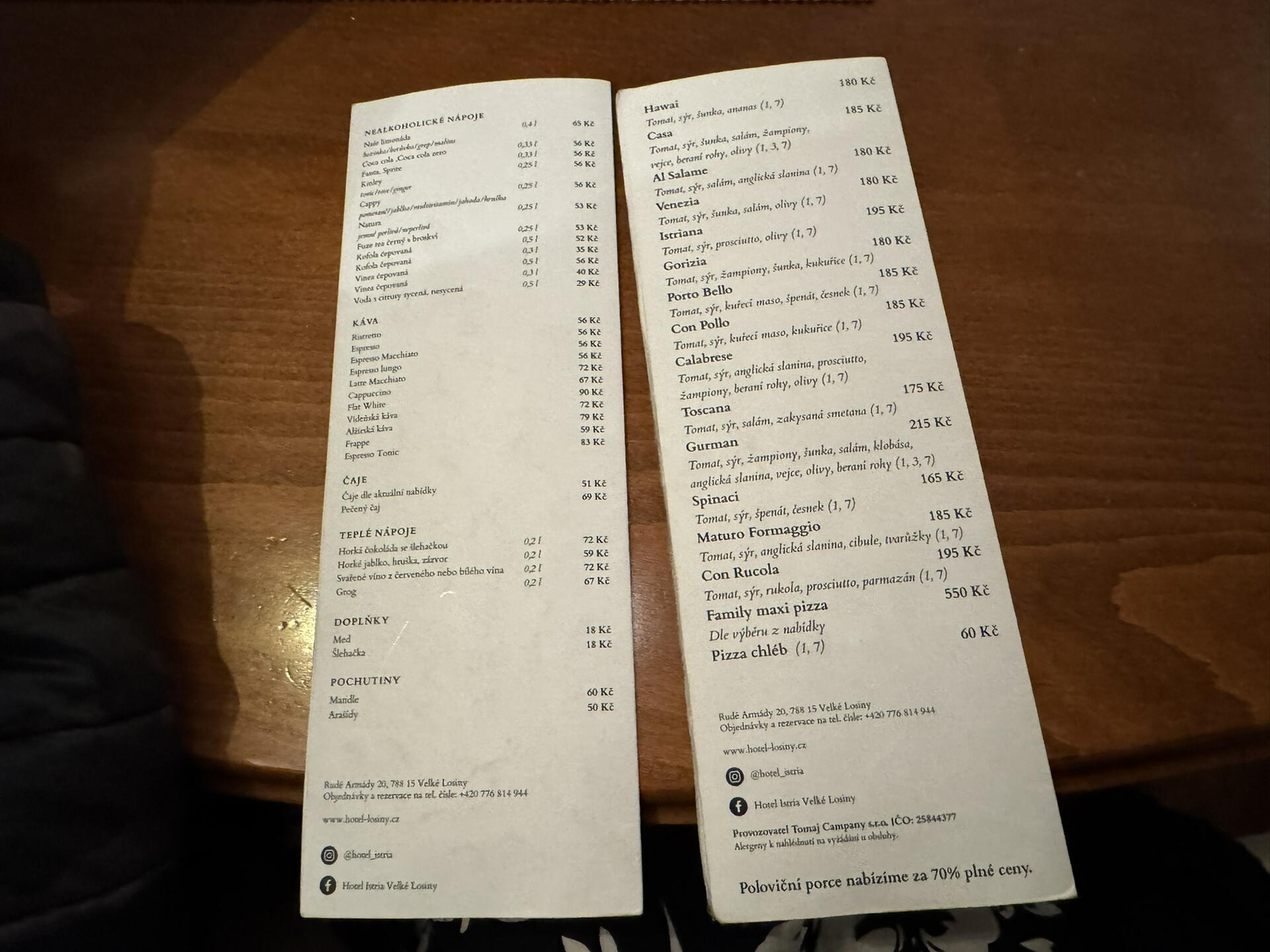 Nápojový lístek Pizzerie Istria