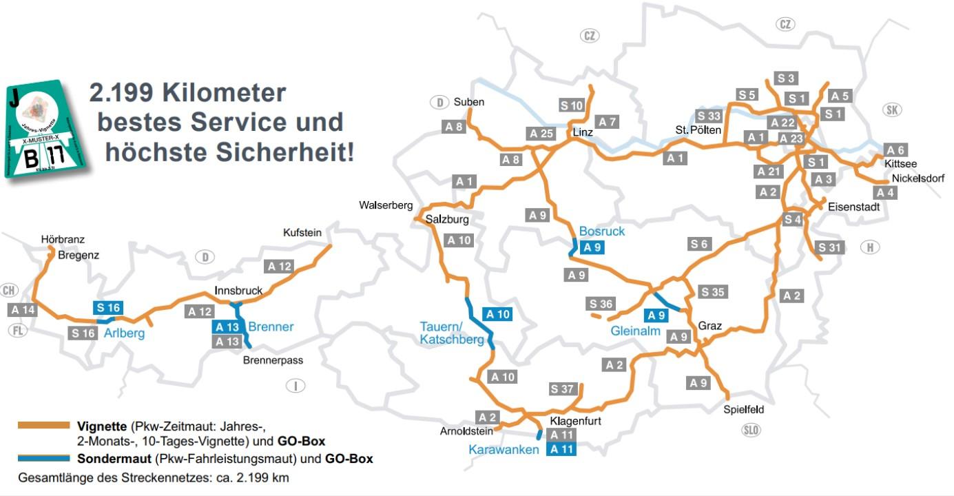 Placené úseky dálnic Rakousko