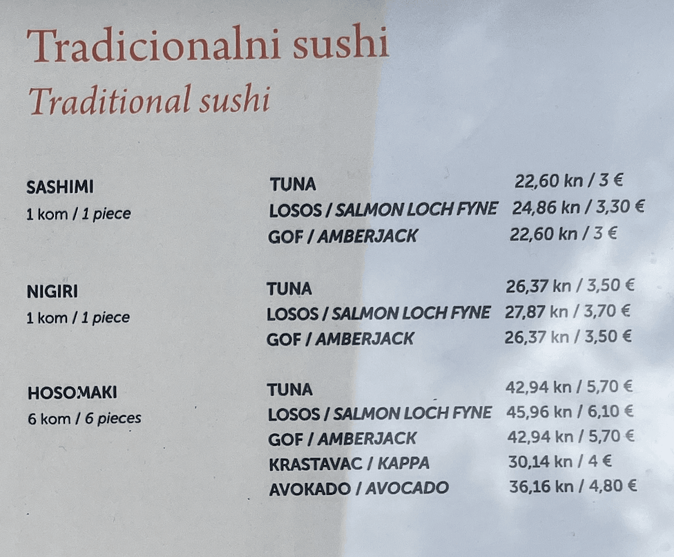 Menu v Antique sushi