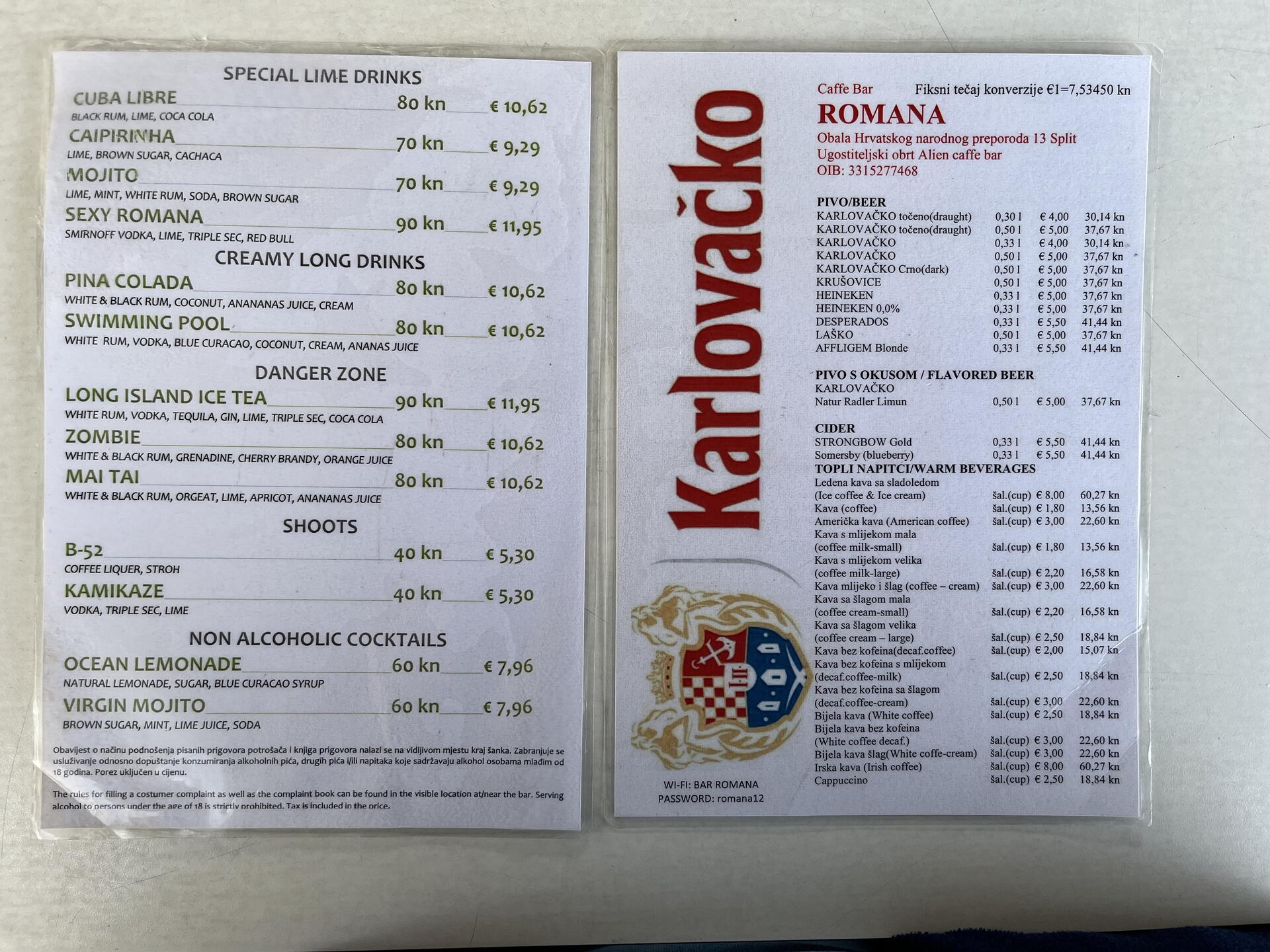 Menu v Cafe bar Romana