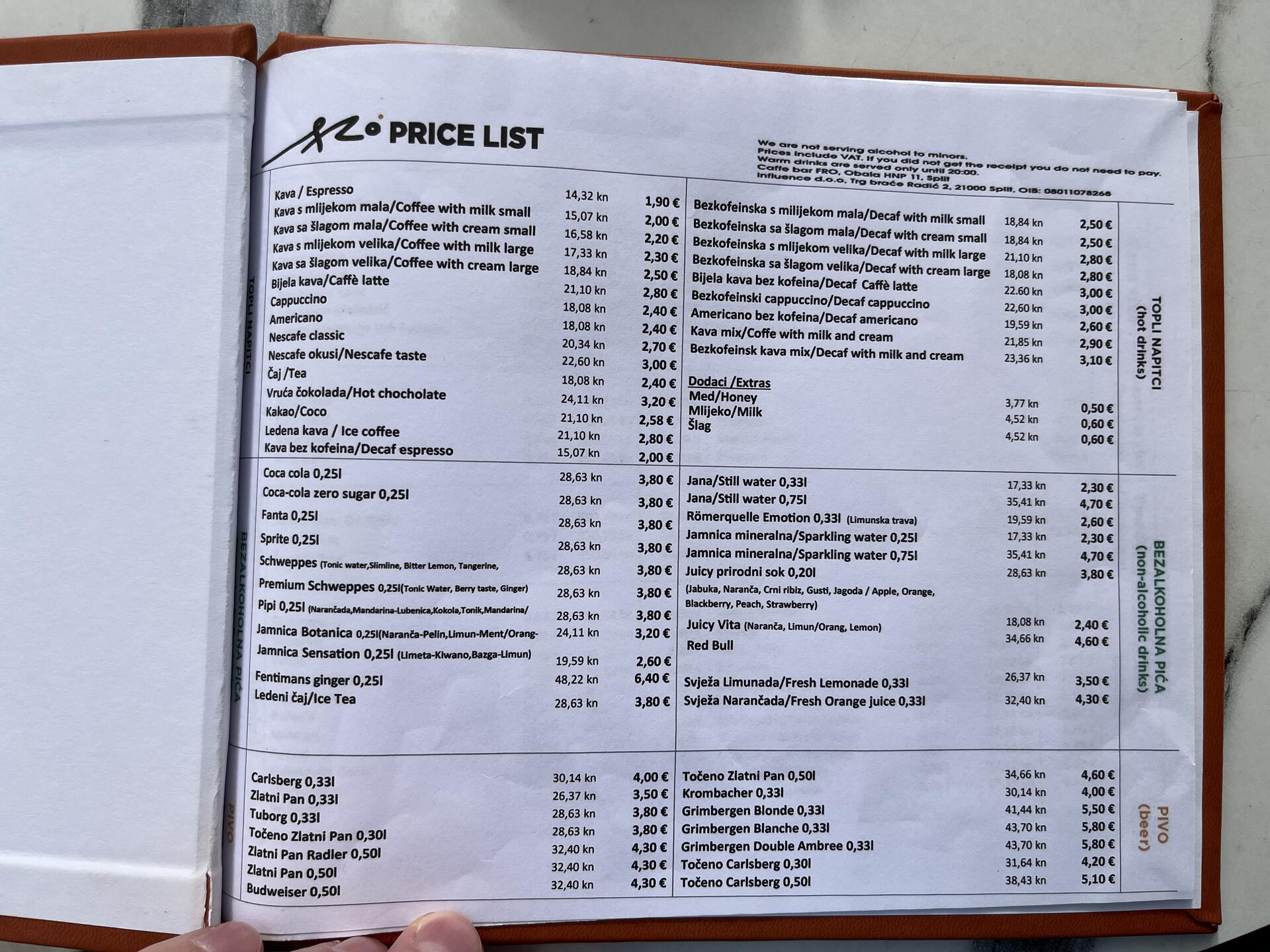 Menu v podniku Fro