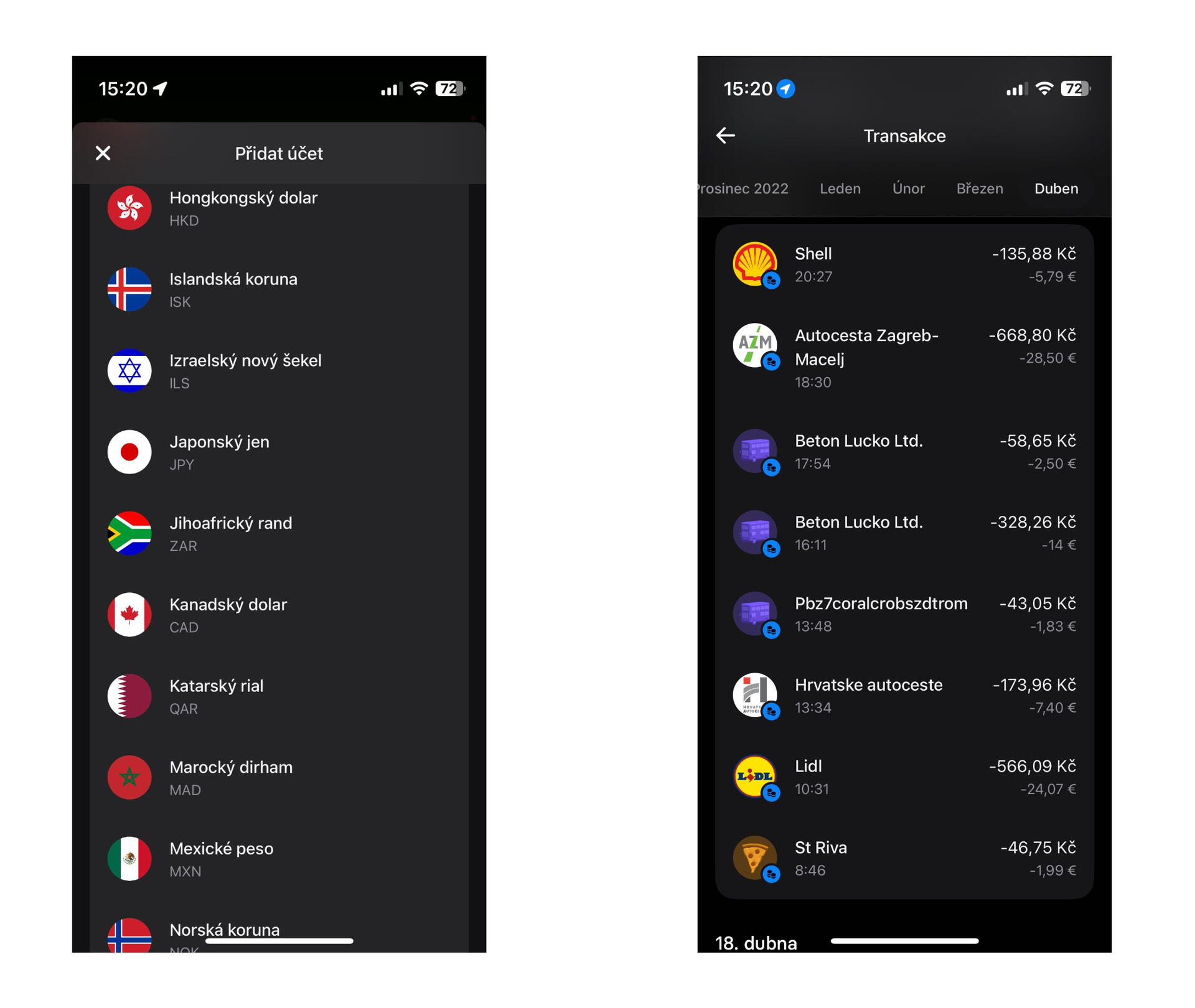 Přehled transakcí v aplikaci Revolut