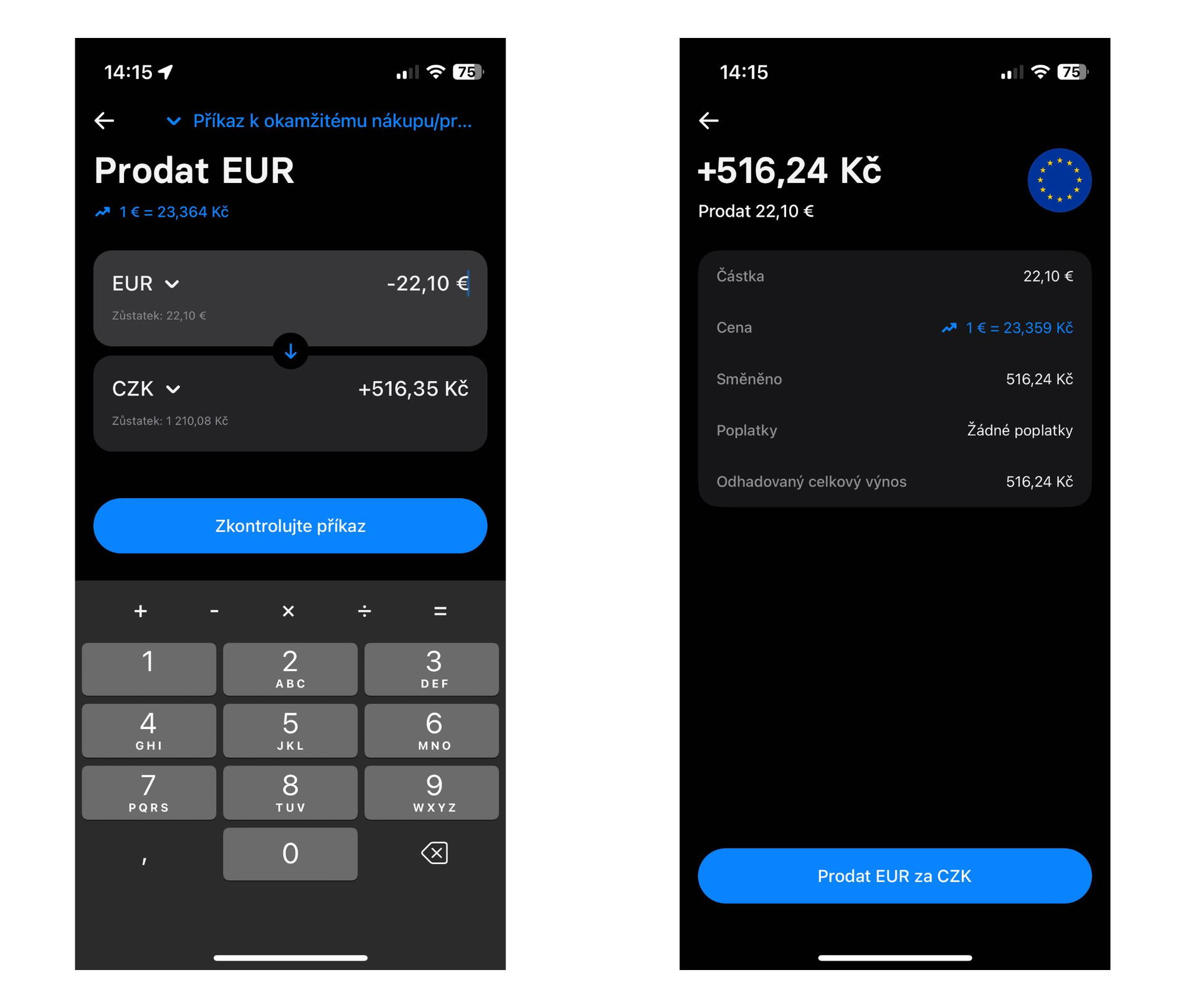 Převedení peněz v aplikaci Revolut