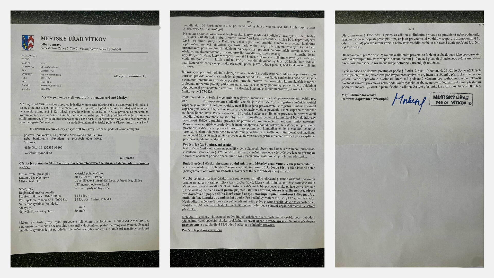 Výzva provozovateli vozidla k uhrazení určené částky - Lesní Albrechtice