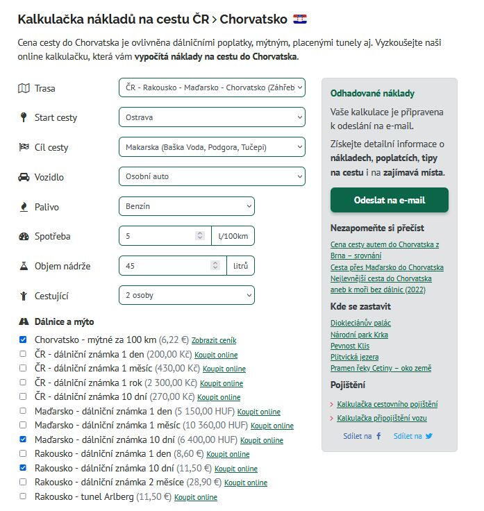 Zadání vstupných parametrů při kalkulaci nákladů