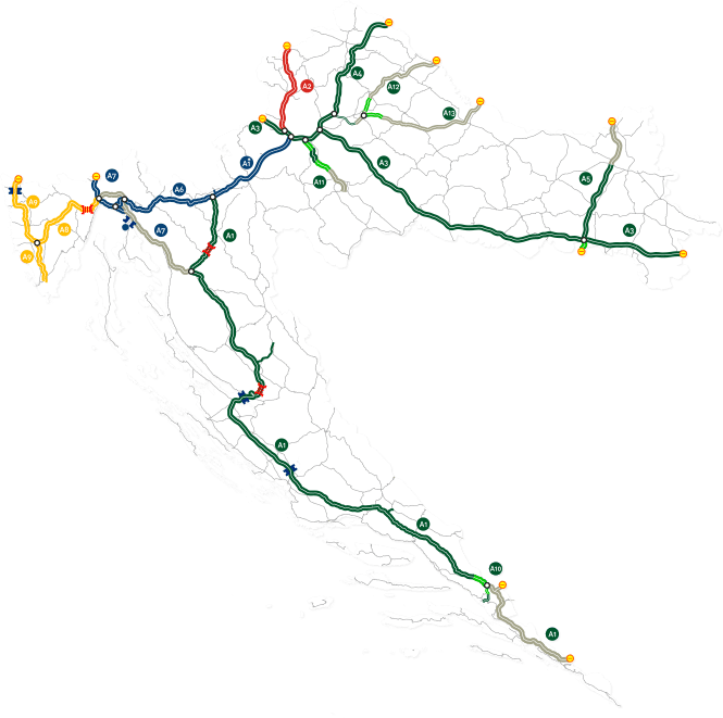 Zpoplatněná dálniční síť v Chorvatsku. Zdroj: huka.hr.