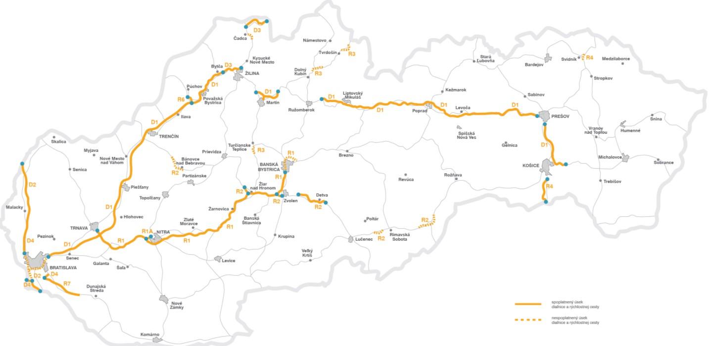 Zpoplatněné úseky Slovensko - dálniční síť