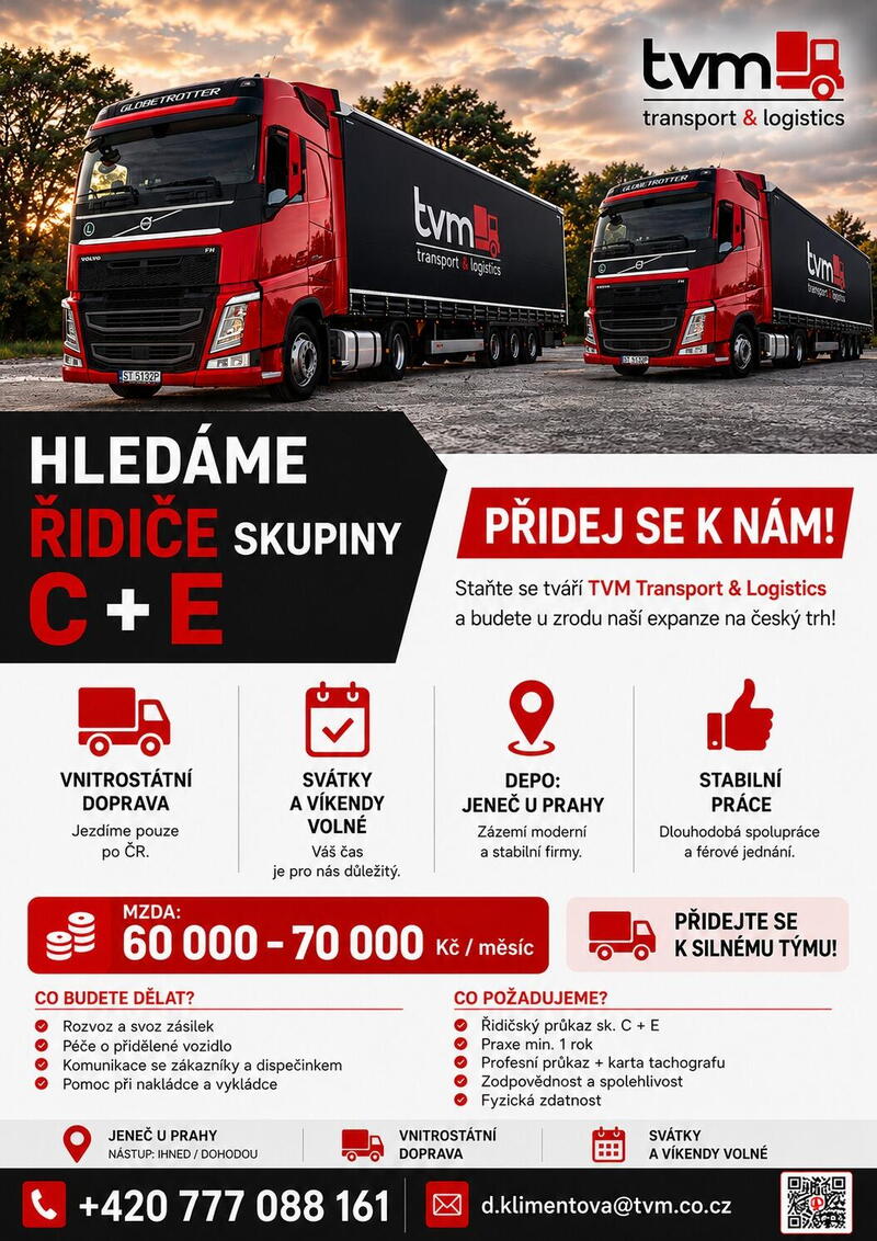 Řidič C+E vnitro |  60 000–70 000 Kč | Vše na pásce