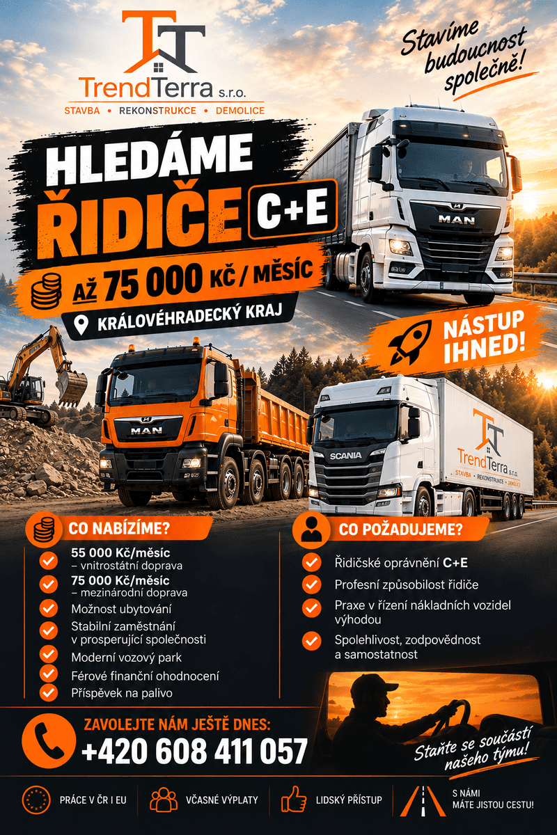 Řidič C+E | 55–75 000 Kč | Nástup ihned