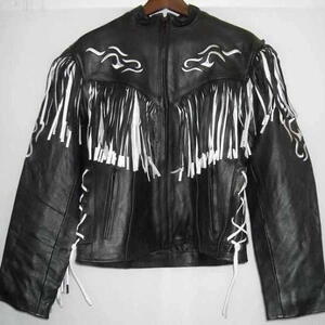 Kožená bunda dámský křivák na motorku - černobílé třásně XXL