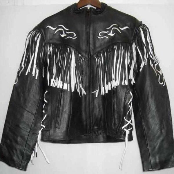 Kožená bunda dámský křivák na motorku - černobílé třásně XXL