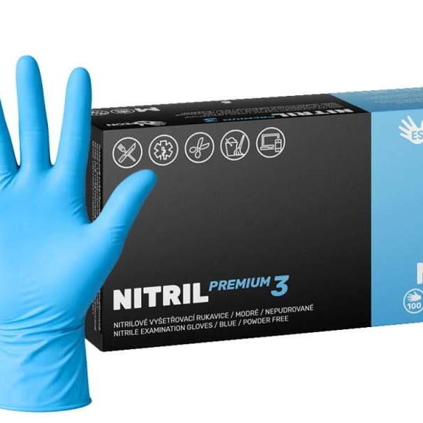 Nitrilové rukavice NITRIL PREMIUM3 100 ks, nepudrované, modré, 4.0 g, Velikost M