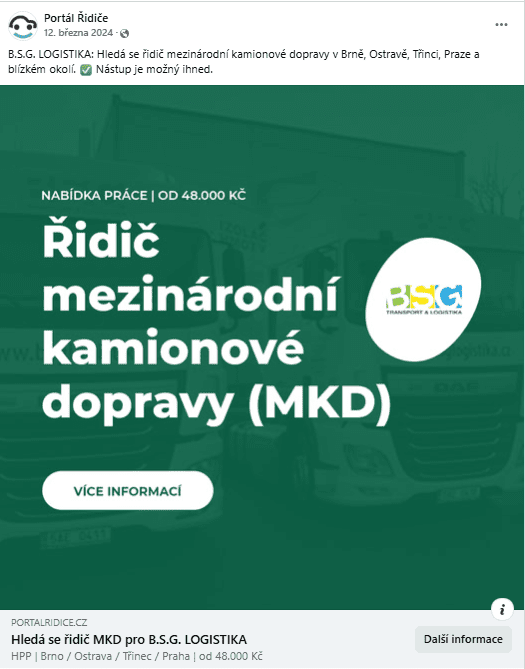 B.S.G. LOGISTIKA, s. r. o. – FB kampaň