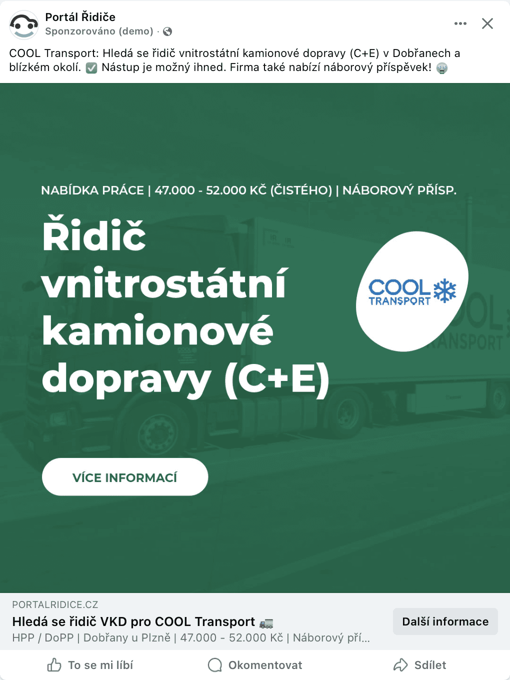 COOL Transport, s. r. o. – FB kampaň