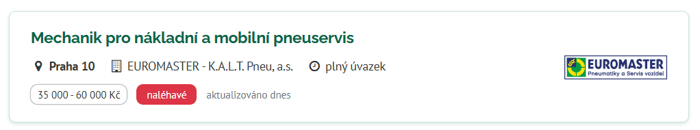 EUROMASTER - K.A.L.T. Pneu, a. s. – pracovní inzerát
