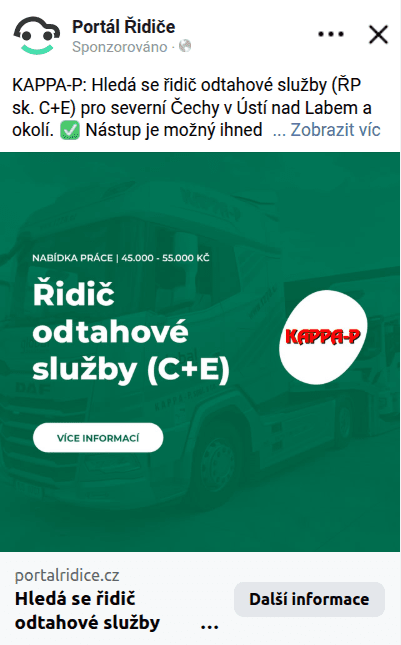 Inzerát na Facebooku KAPPA-P, spol. s r. o.
