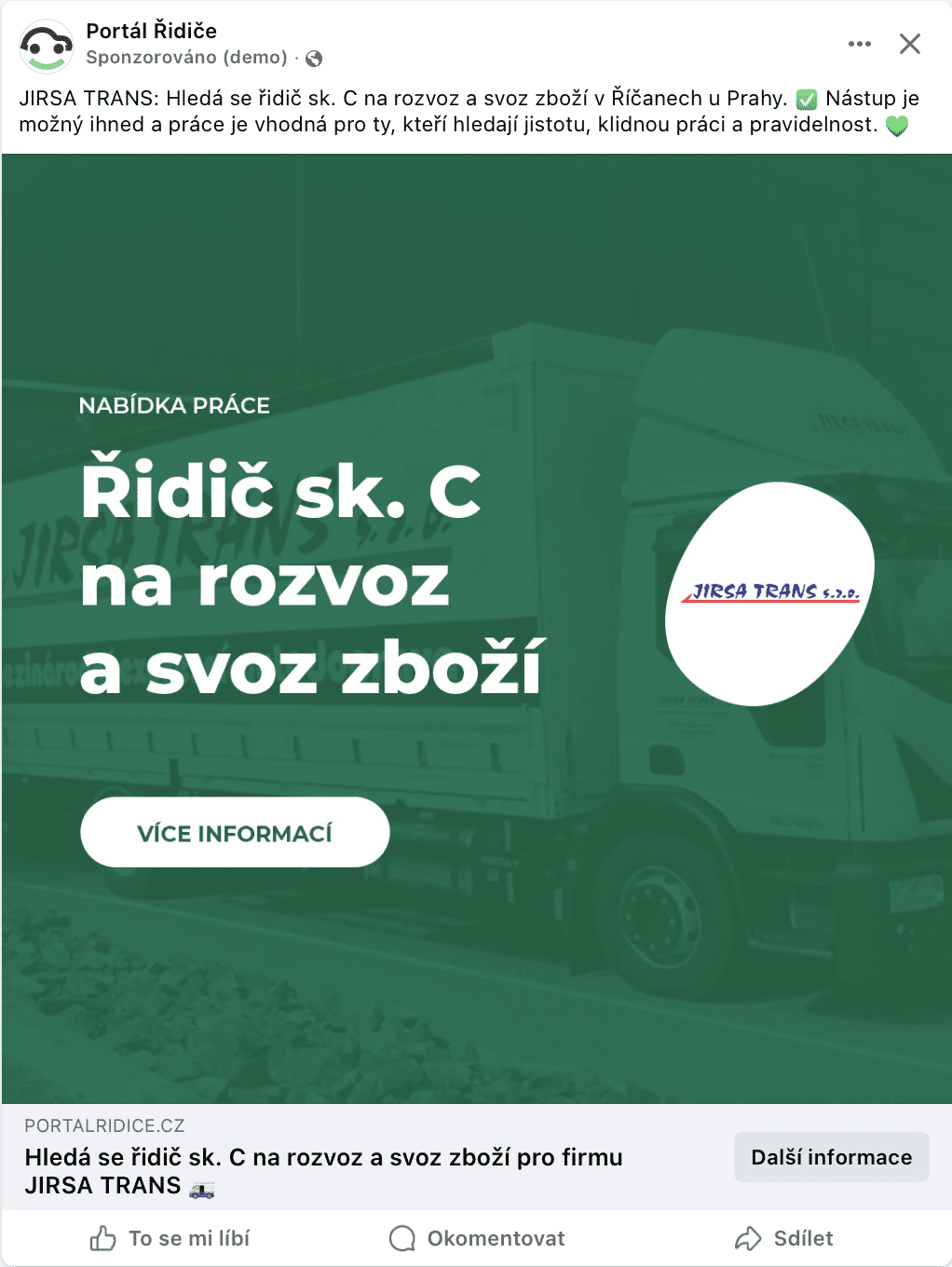 JIRSA TRANS s. r. o. – FB kampaň