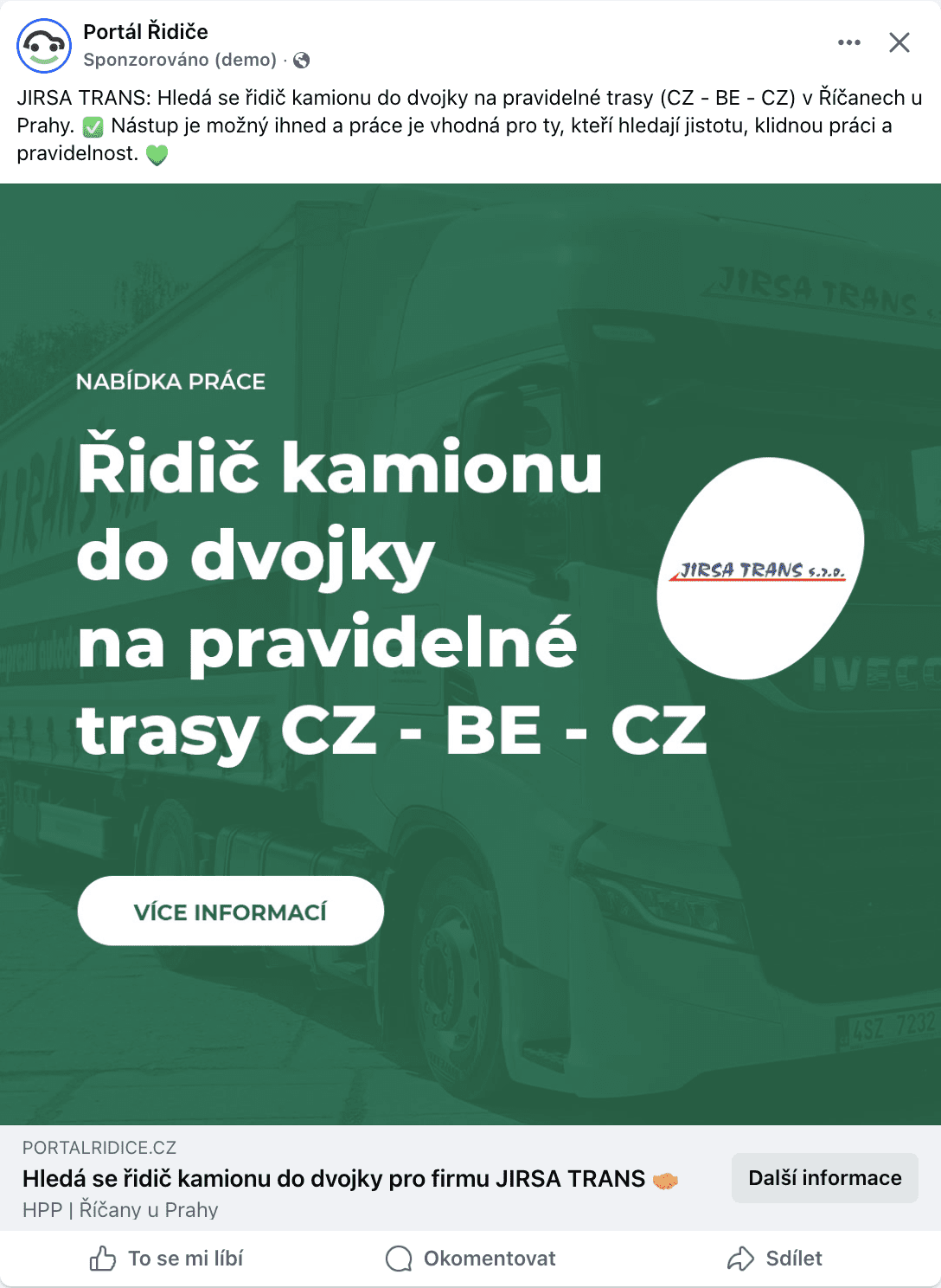 JIRSA TRANS s. r. o. - FB kampaň