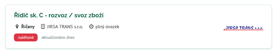 JIRSA TRANS s. r. o. – pracovní inzerát