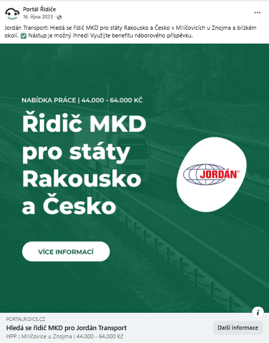 JORDAN Transport, s. r. o. – FB kampaň