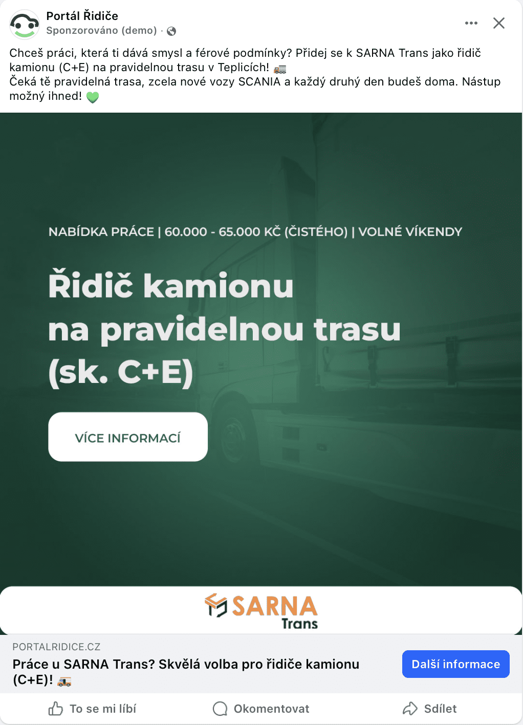 SARNA, s. r. o. - ukázka FB kampaně