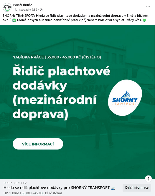 SHORNÝ TRANSPORT s.r.o. - FB kampaň