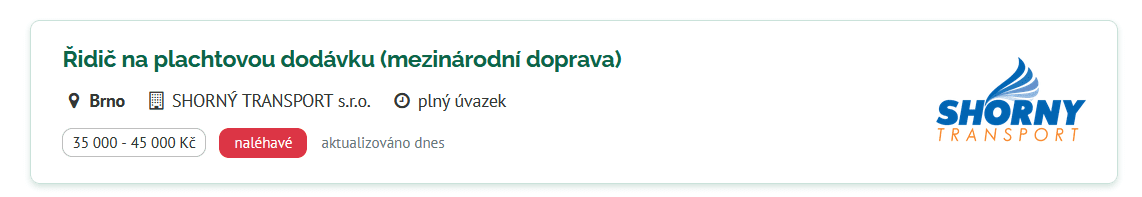 SHORNÝ TRANSPORT s.r.o. - inzerát