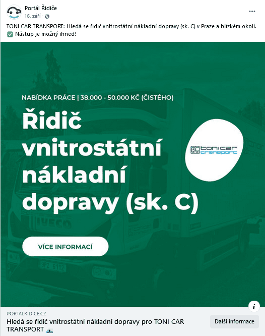 Ukázka náborové kampaně na sociálních sítích TONI CAR TRANSPORT, s.r.o.