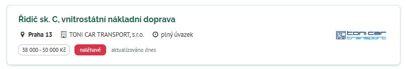 Ukázka pracovního inzerátu TONI CAR TRANSPORT, s.r.o.